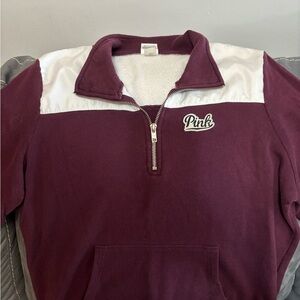 PINK Victoria's Secret Maroon and White Quarter-Zip Hoodie